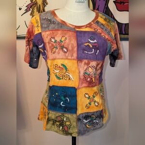 Rising International Multicolor Patchwork Short Sleeve Top